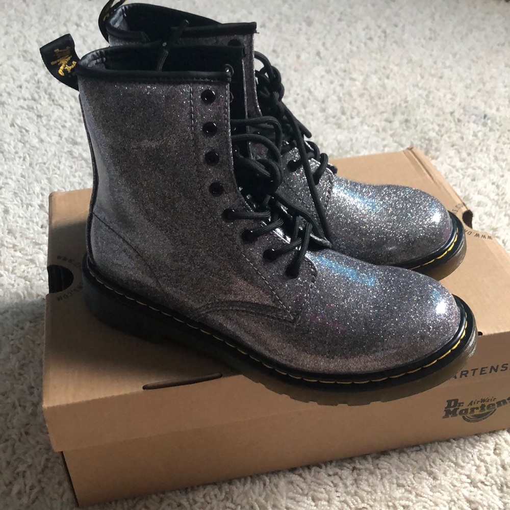 Dr. Martens silver glitter combat boots 7.5